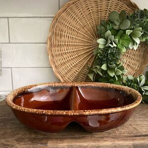 Vintage Hull Stoneware Brown Drip Glazed Pottery Oval Divided Bowl Serving